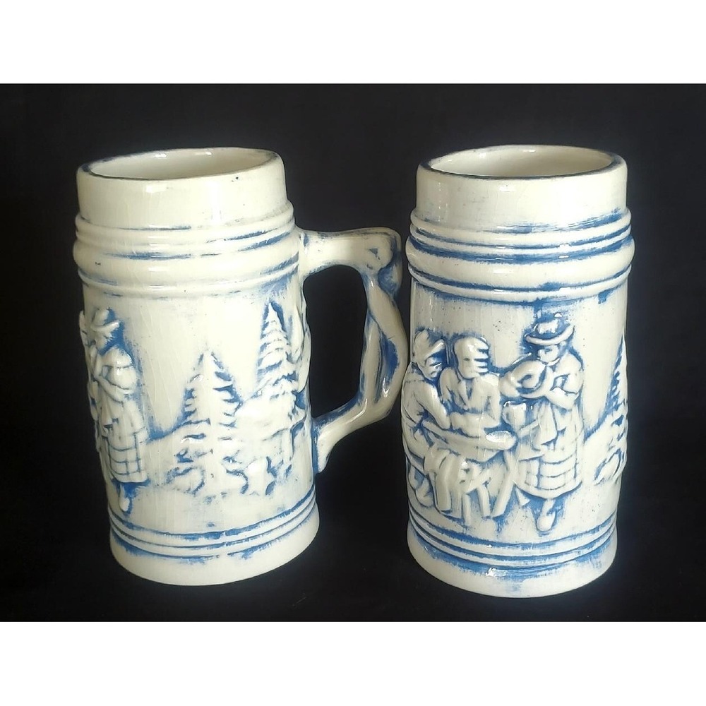 Set of (2) Weihnachten Frohliche Germany 1960s Blue Beer Stein Mugs